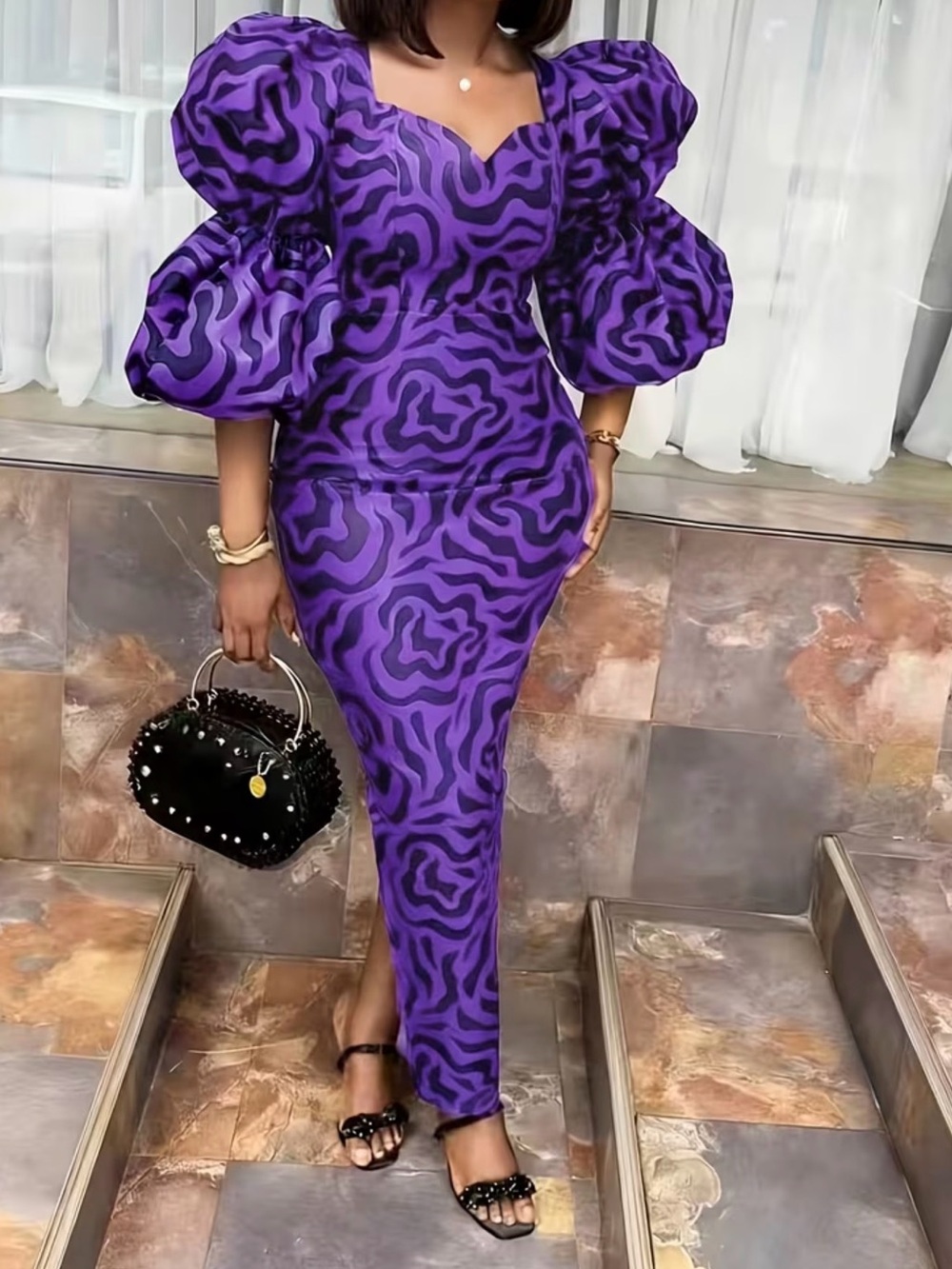Purple Patterned Puff-Sleeve Maxi Dress